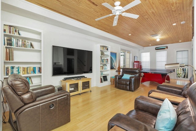 living room with light wood-type flooring, ceiling fan, wooden ceiling, and built in shelves