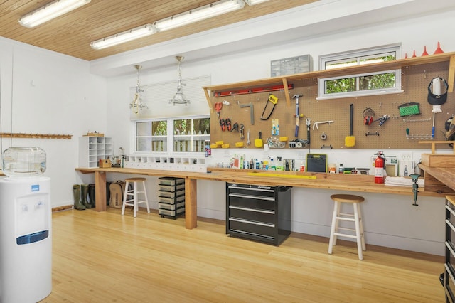 interior space with hanging light fixtures, light wood-type flooring, and a workshop area