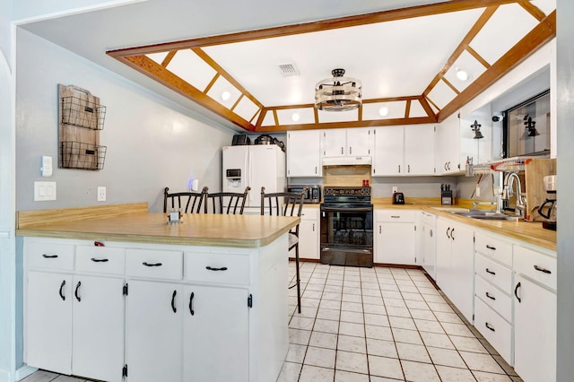 kitchen with black range with electric cooktop, white cabinetry, white refrigerator with ice dispenser, and sink