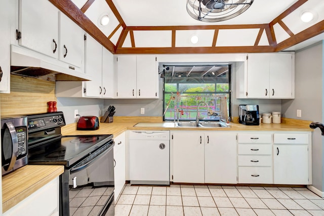 kitchen with white dishwasher, sink, white cabinetry, and black electric range oven