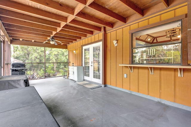 view of patio / terrace with ceiling fan, grilling area, and french doors