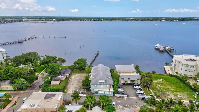 drone / aerial view with a water view