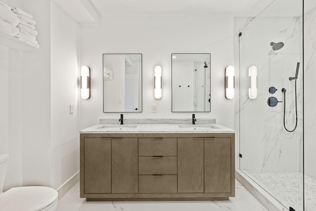 bathroom with walk in shower, vanity, and toilet