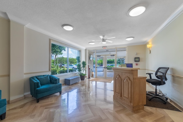 interior space featuring french doors and ceiling fan