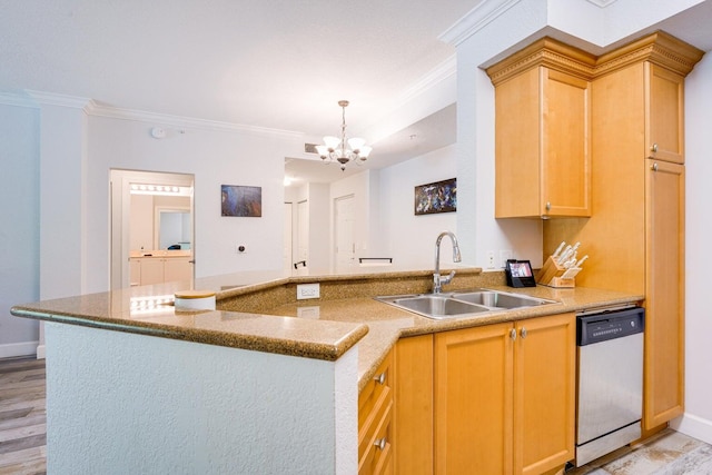 kitchen with light hardwood / wood-style flooring, white dishwasher, sink, pendant lighting, and a chandelier