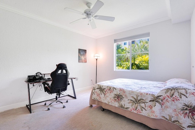 bedroom with carpet, ornamental molding, and ceiling fan