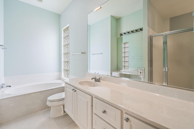 full bathroom with tile patterned floors, vanity, plus walk in shower, and toilet