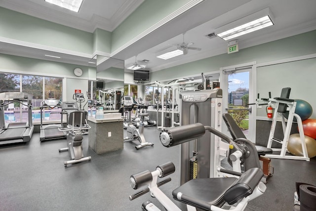 workout area with ceiling fan and ornamental molding