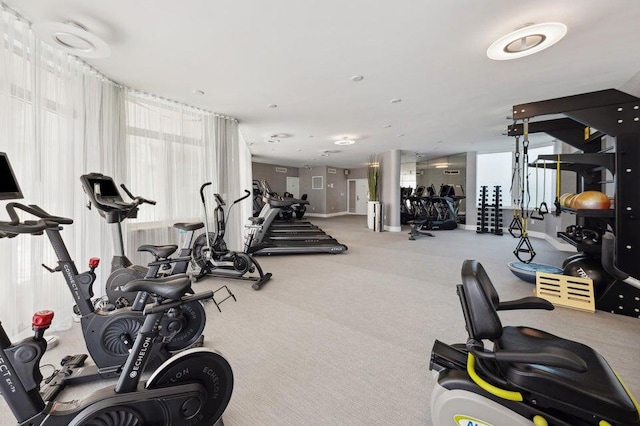 workout area featuring carpet flooring and plenty of natural light