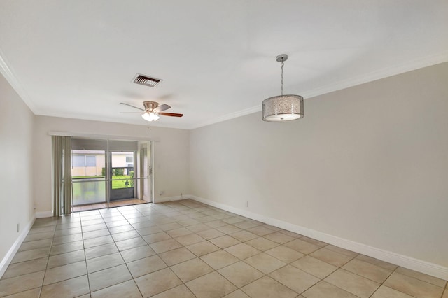 tiled empty room featuring ceiling fan and crown molding