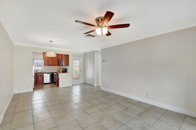 unfurnished living room featuring light tile patterned floors, ceiling fan, and crown molding