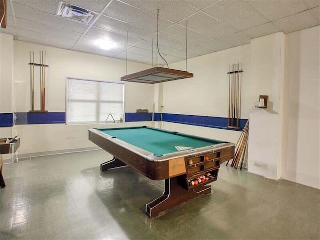 playroom with a drop ceiling and pool table