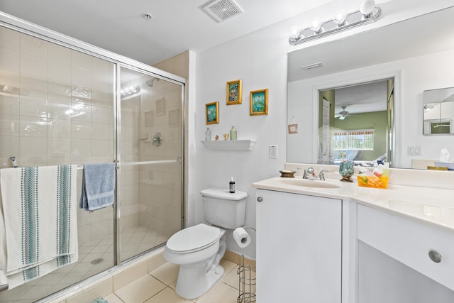 bathroom with vanity, ceiling fan, an enclosed shower, toilet, and tile patterned flooring