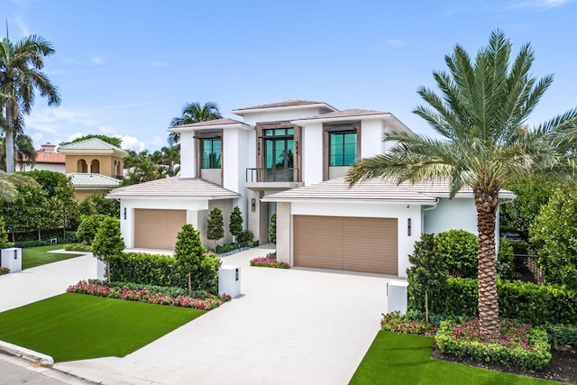 view of front of property featuring a front yard, a balcony, and a garage