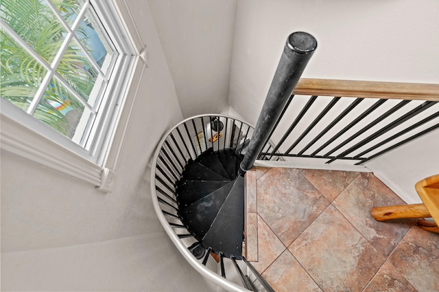 staircase featuring a wood stove and plenty of natural light