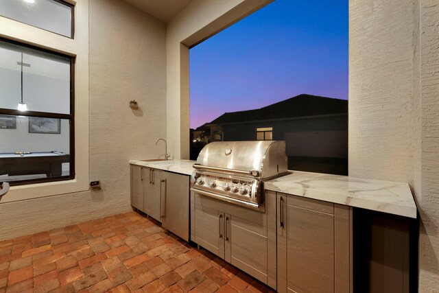 patio terrace at dusk with ceiling fan