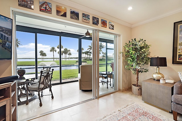 doorway to outside with light tile patterned floors and crown molding