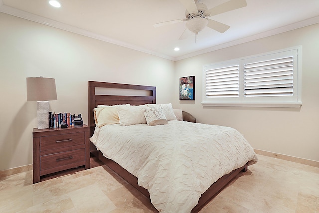 bedroom featuring ceiling fan and ornamental molding