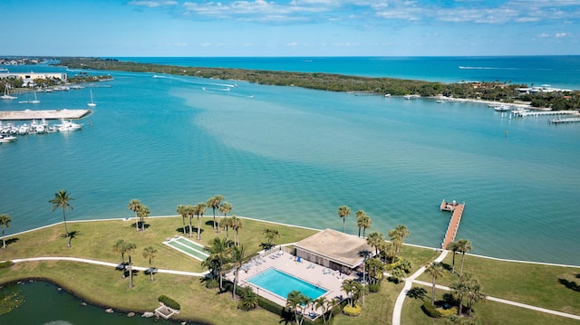 birds eye view of property featuring a water view