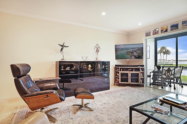 tiled living room with crown molding