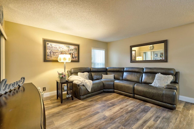 living room with wood-type flooring and a textured ceiling