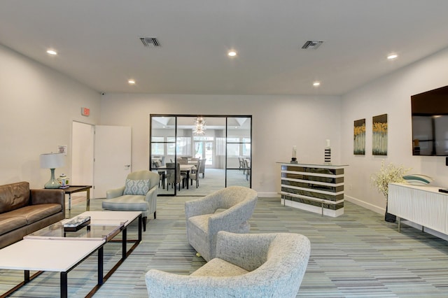 living room with light colored carpet