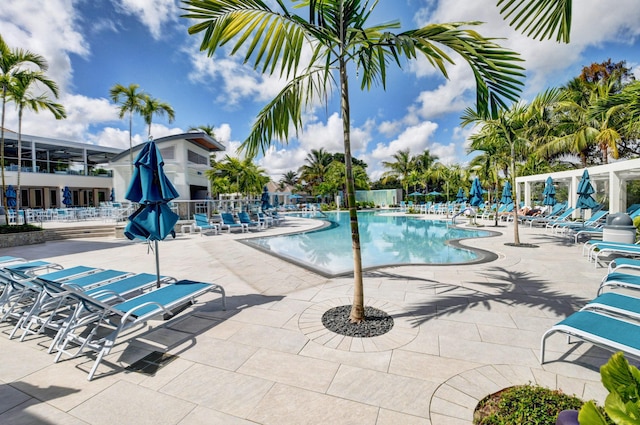 view of swimming pool featuring a patio area