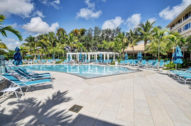 view of swimming pool with a patio area