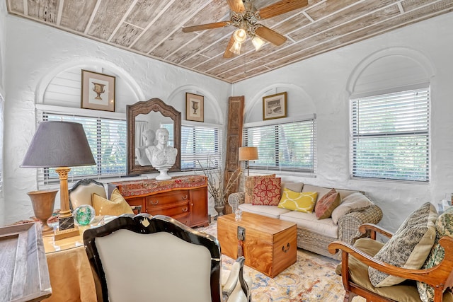 living room featuring ceiling fan and wood ceiling