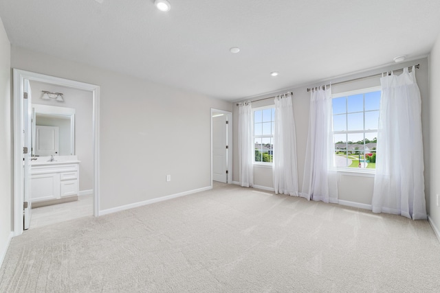 empty room featuring sink and light carpet