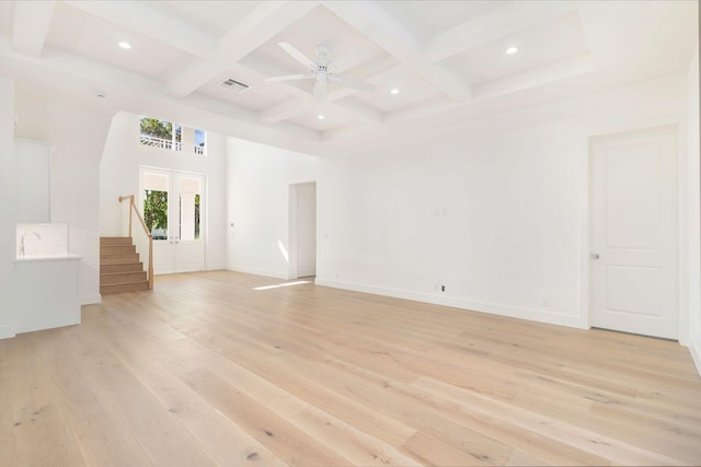 unfurnished living room with ceiling fan, beamed ceiling, coffered ceiling, and light wood-type flooring