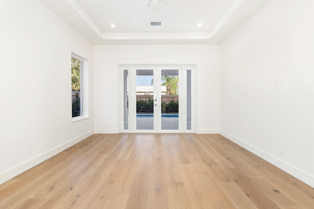 empty room featuring a raised ceiling, plenty of natural light, and light hardwood / wood-style flooring