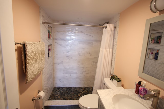 bathroom with a shower with curtain, toilet, and sink