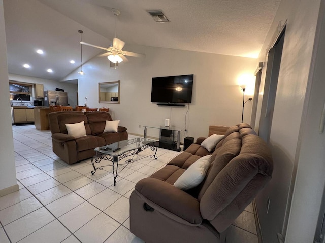 4634 Pine Grove Dr, Delray Beach, FL 33445 - living area featuring visible vents, light tile patterned floors, a ceiling fan, recessed lighting, and lofted ceiling