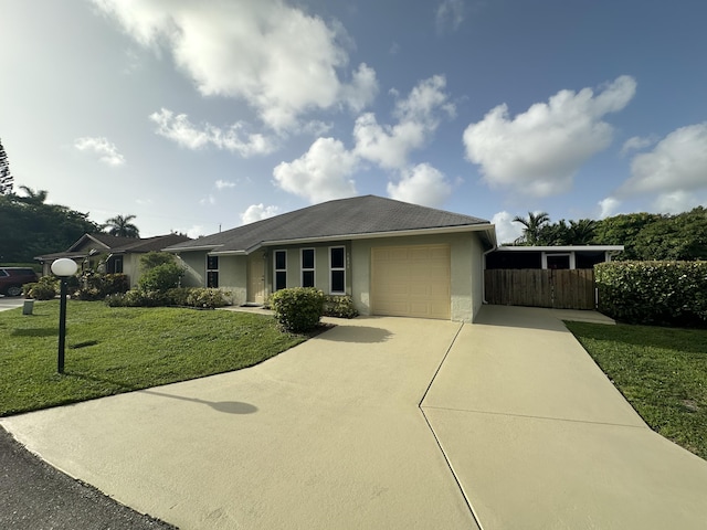 4634 Pine Grove Dr, Delray Beach, FL 33445 - view of front of property with a garage, stucco siding, fence, a front lawn, and concrete driveway