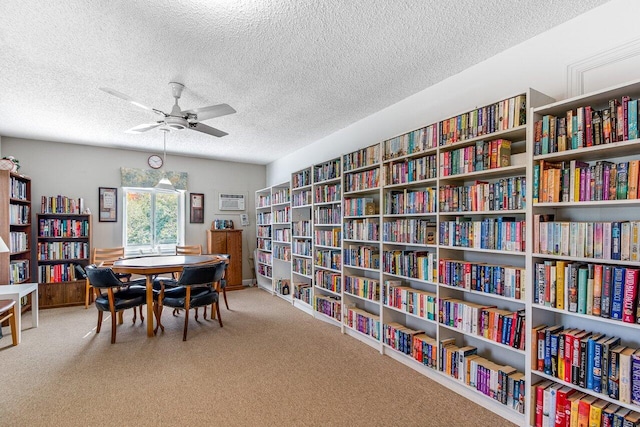 interior space featuring carpet flooring, ceiling fan, and a textured ceiling