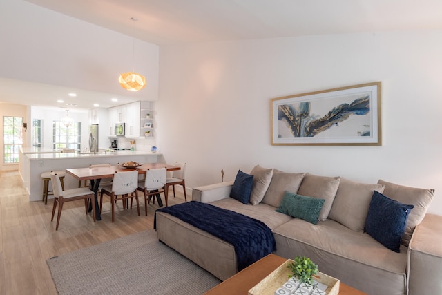 living room featuring hardwood / wood-style flooring and vaulted ceiling