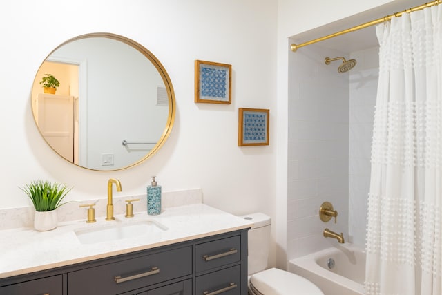 full bathroom with vanity, shower / bathtub combination with curtain, and toilet