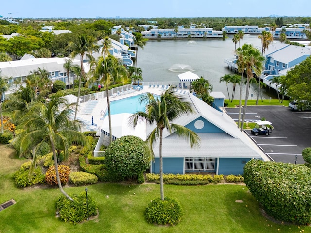 aerial view featuring a water view