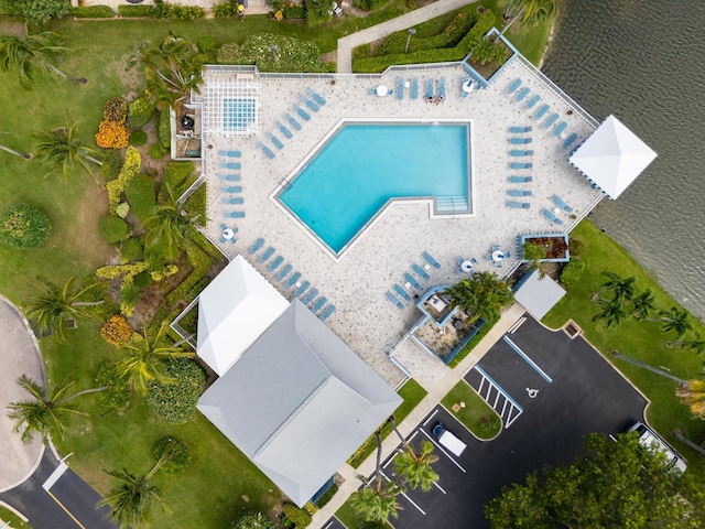 drone / aerial view featuring a water view