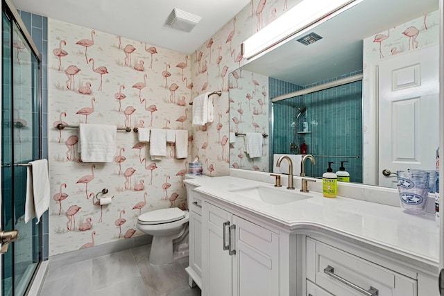 bathroom with wallpapered walls, vanity, visible vents, and tiled shower