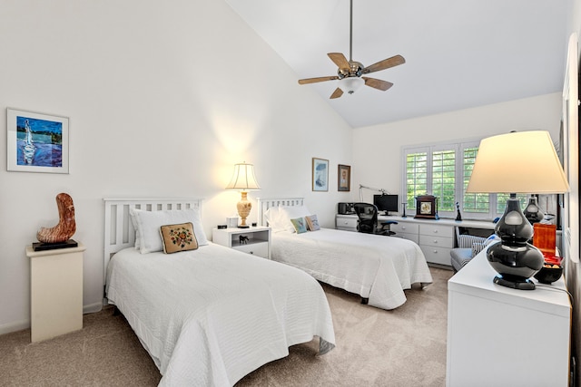 bedroom featuring high vaulted ceiling, light colored carpet, and ceiling fan