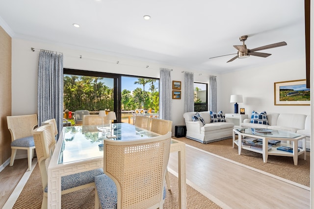 dining room featuring ceiling fan, light hardwood / wood-style flooring, and plenty of natural light