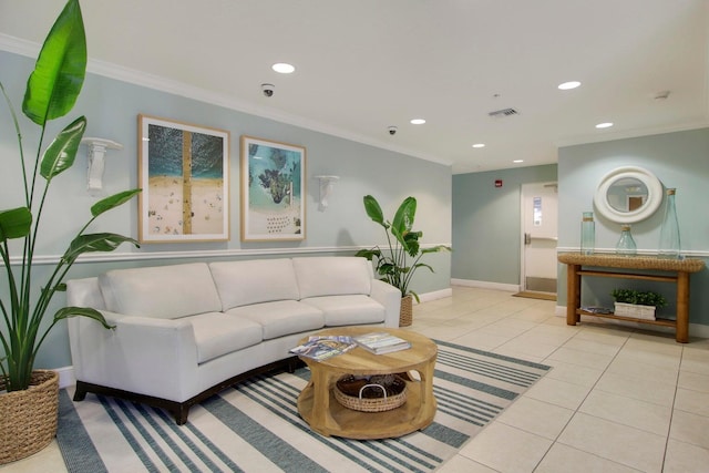 tiled living room with ornamental molding