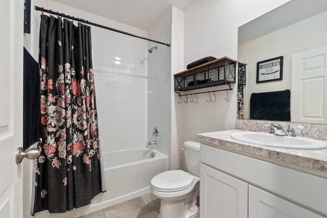 full bathroom with shower / bath combination with curtain, toilet, and vanity