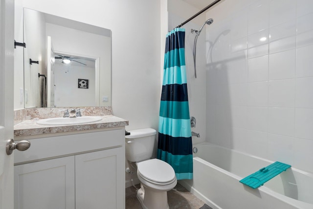 full bathroom featuring ceiling fan, toilet, shower / bath combo, and vanity