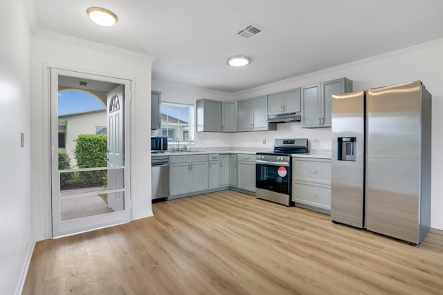 kitchen with sink, appliances with stainless steel finishes, gray cabinetry, ornamental molding, and light hardwood / wood-style floors