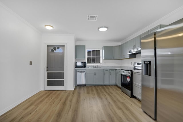 kitchen featuring appliances with stainless steel finishes, sink, gray cabinetry, crown molding, and light hardwood / wood-style flooring