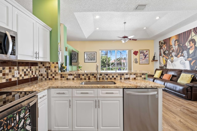 kitchen with white cabinetry, ceiling fan, a tray ceiling, appliances with stainless steel finishes, and sink