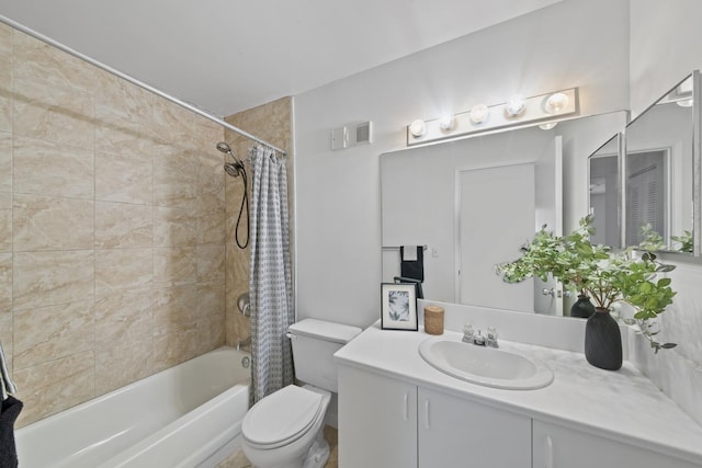 full bathroom with vanity, toilet, and shower / bath combination with curtain